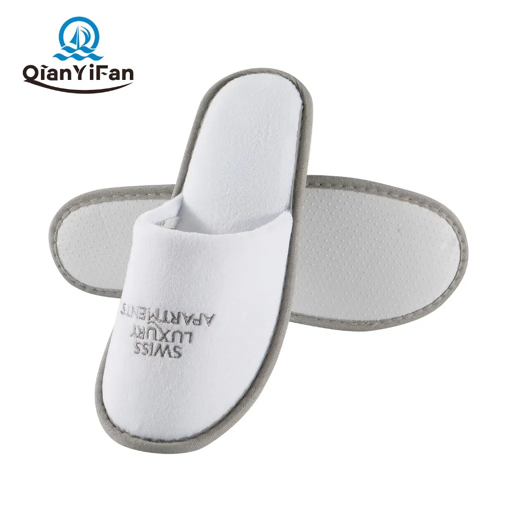 Hotel Airlines 29*11 Cm White Polyester Velour Disposable Slippers 5 mm EVA Sole Embroidery
