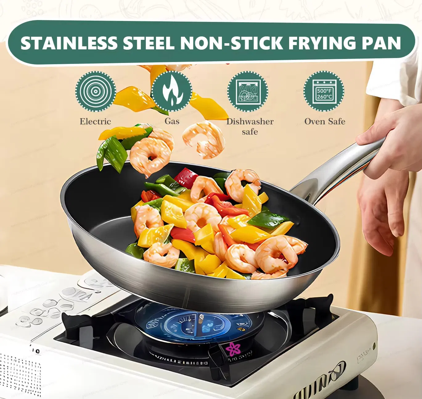 Stainless Steel Frying Pan for Gas Stove & Induction Cooker for Steak Pancake