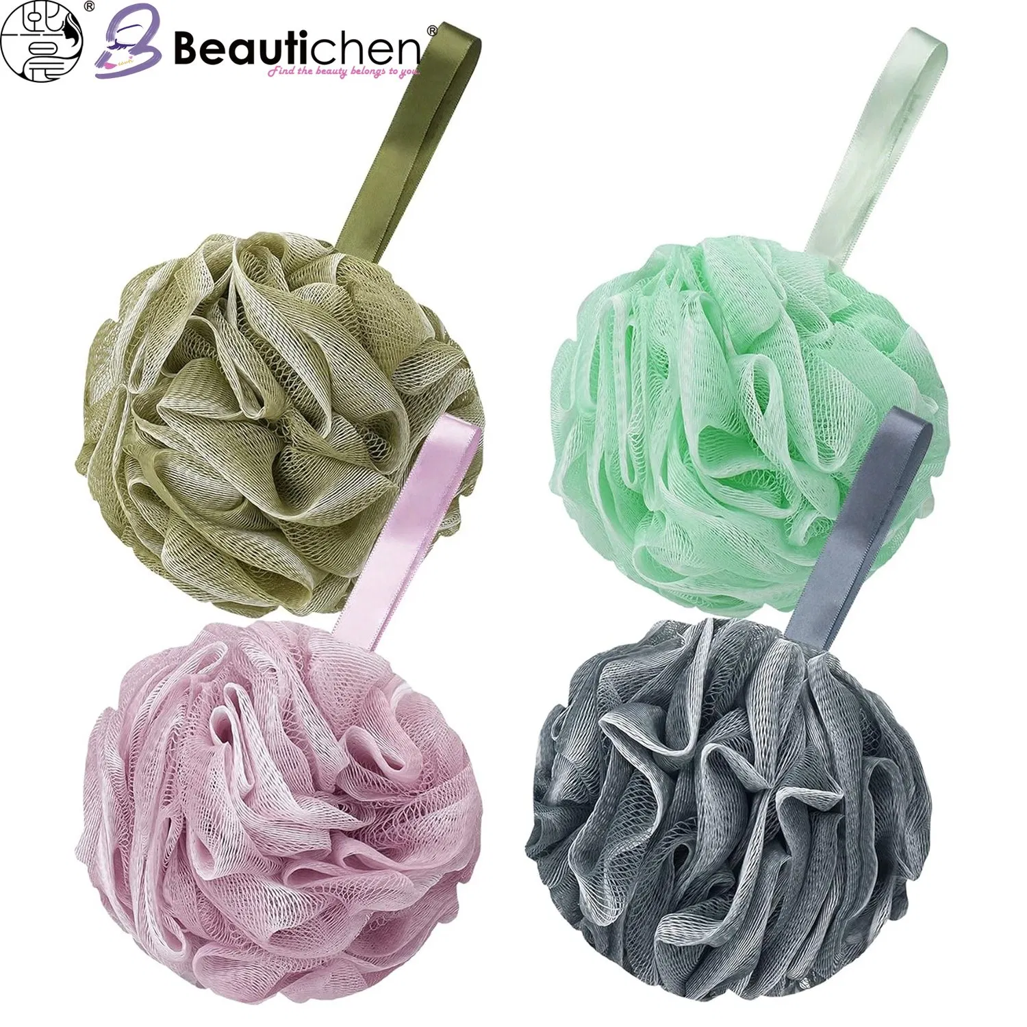 Beautichen Shower Loofah Sponge Set with Hanging Rope – Soft Mesh Bath Pouf for Gentle Exfoliation, Rich Lather & Daily Body Cleansing