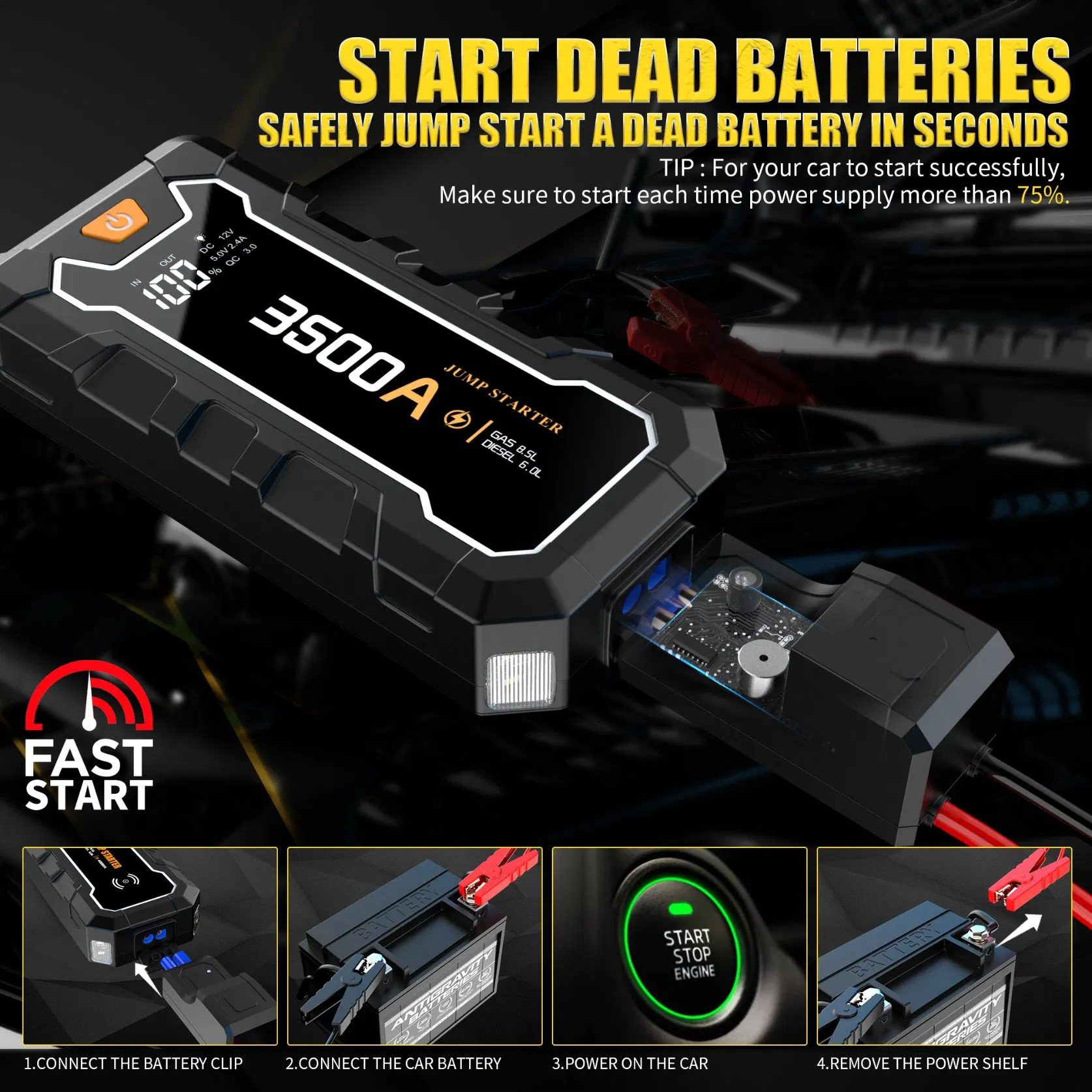 12V Car Jump Starter Power Bank with 2000A Peak Current