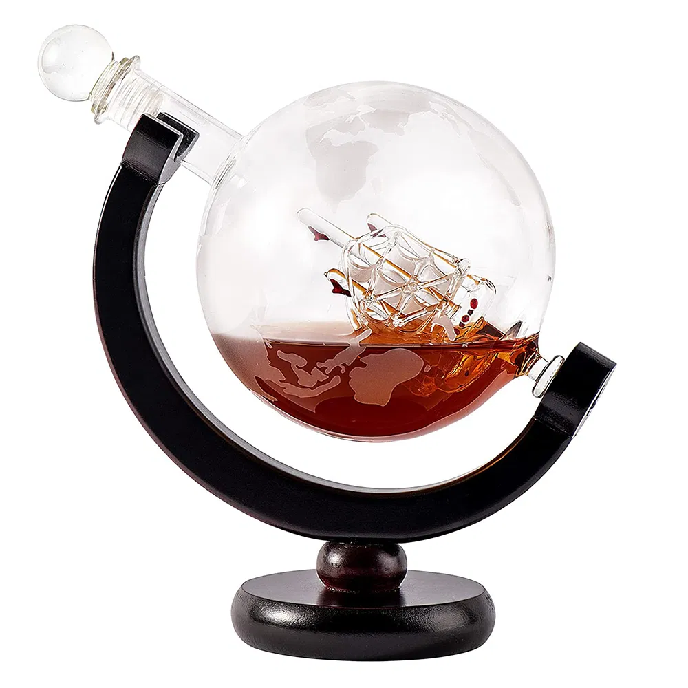 Wood Whiskey Decanter Globe Holder - for Liquor, Whiskey, Bourbon, Vodka or Wine