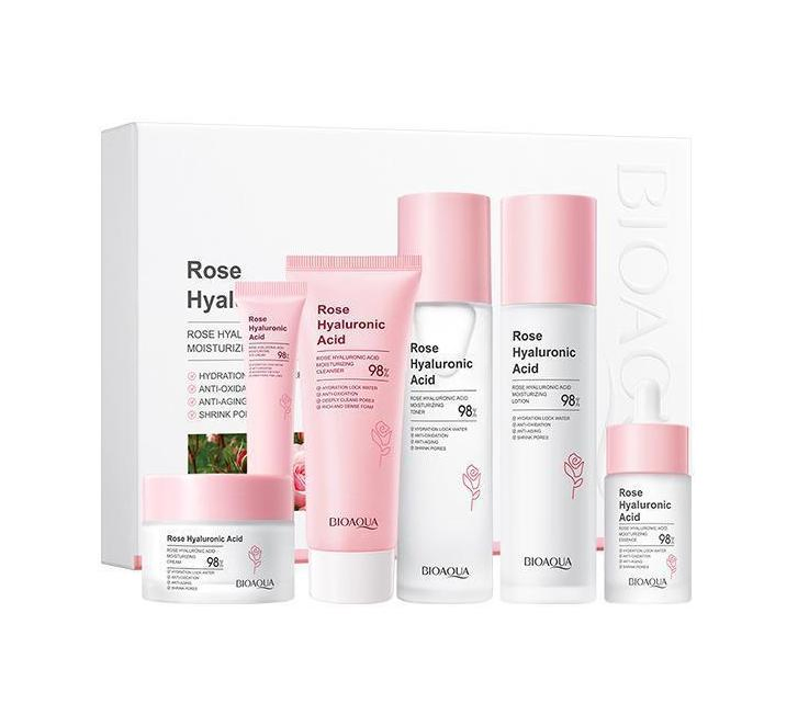 Online Sale Hyaluronic Acid Skin Care Gift Set Rose Skin Care 6-Piece Set Facial Cleanser Toner Face Cream Serum Lotion Eye Cream Set