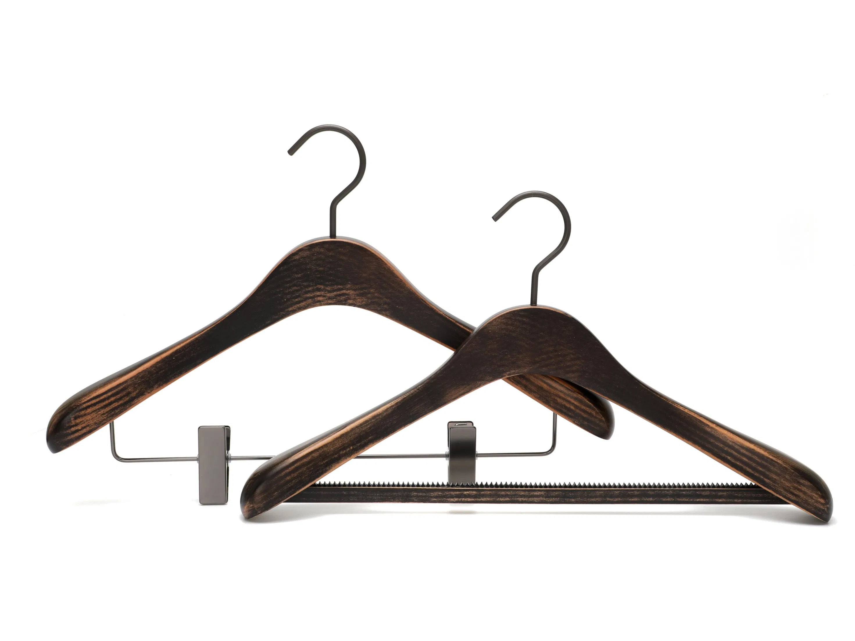 Luxury Wood Hangers: Natural/Dark Brown Wooden Top Clothes Hangers with Trouser Bar or Clips for Coat/Suit/Jacket/Hotels/Clothing Display