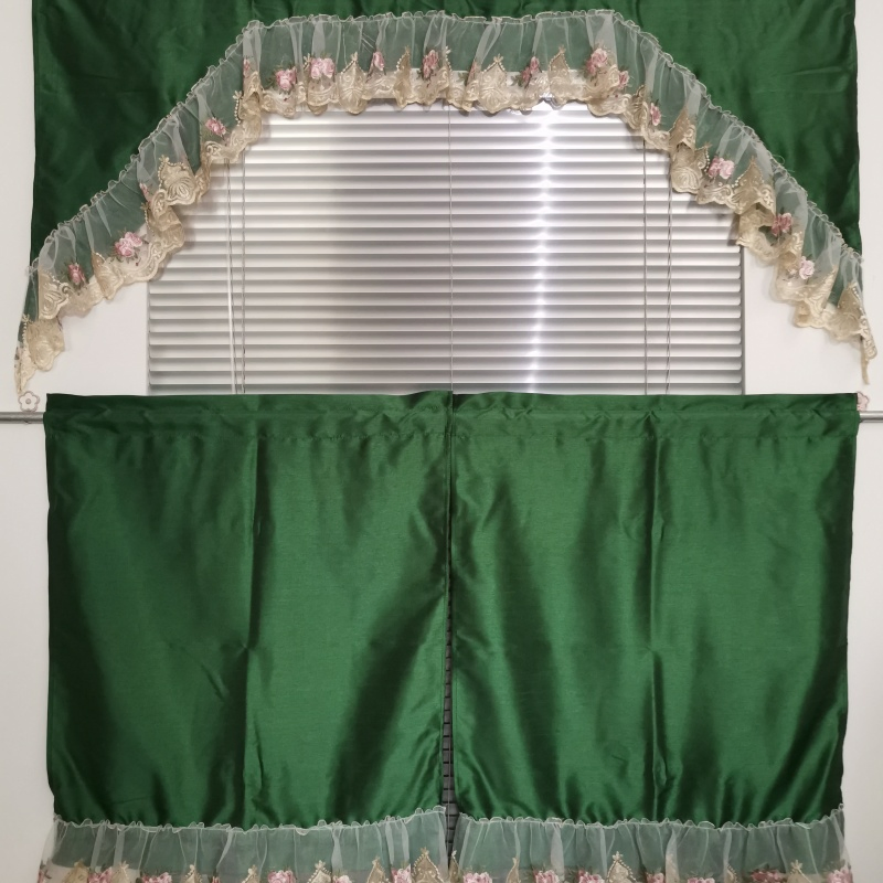 Digital Printed Kitchen Curtain Set - Olive Green Sheer with Four-Leaf Clover Patterns Patterns, Valance and Tier Panels