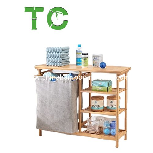 Two-Section Bamboo Laundry Basket Removable Bag and Shelf Wooden Bamboo Laundry Organizer Cabinet Laundry Hamper Sorter