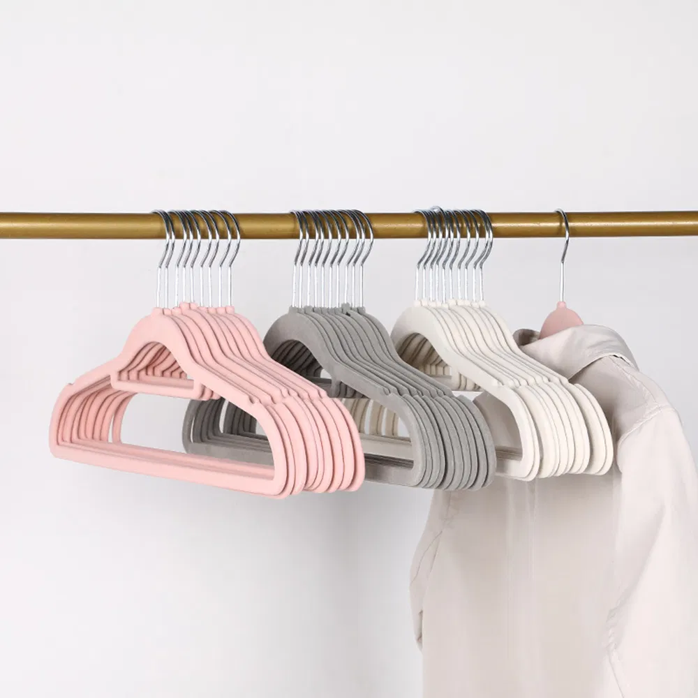 Wholesale Premium Non Slip Flocking Plastic Clothes Velvet Cloth Hanger Brand Velvet Hanger Black/Pink/Green Colorful for Amazon&Supermarkets