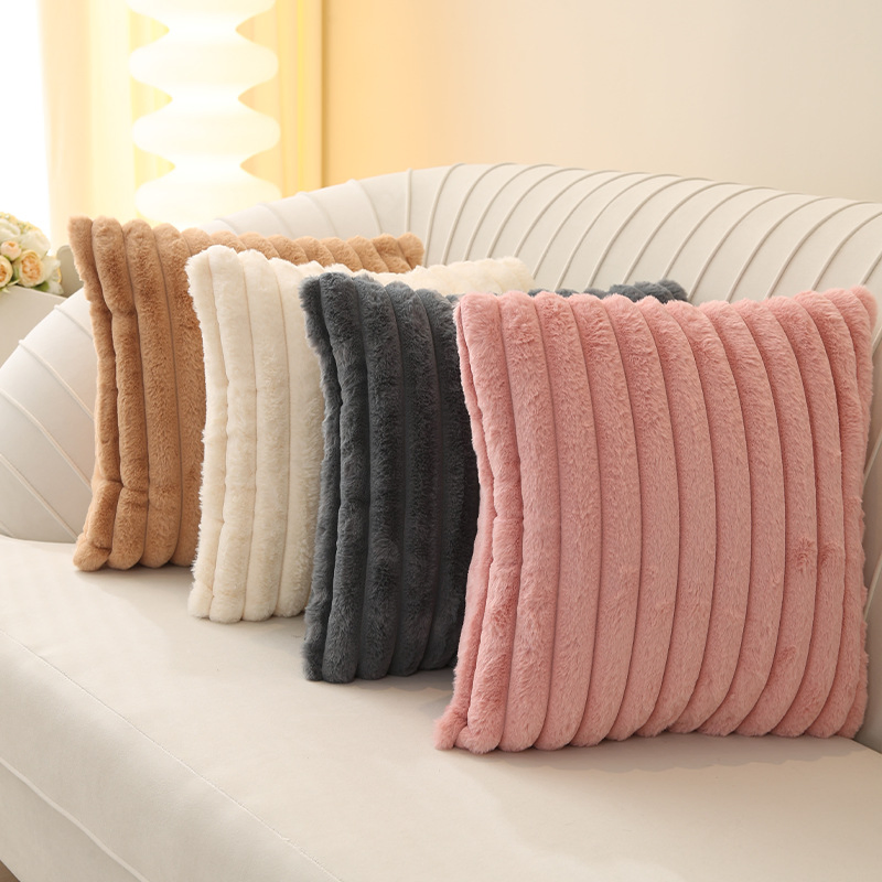 Xinlan Solid Color Vertical Stripe Faux Rabbit Fur Pillow Cover Single Side Minimalist for Sofa Living Room Bed Decor