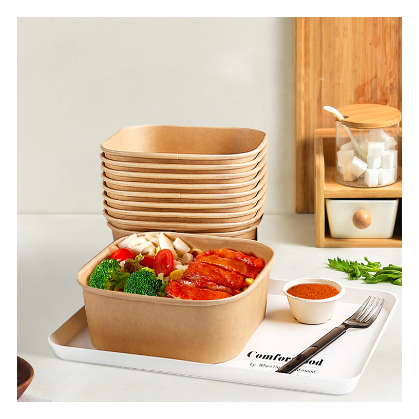 Disposable Logo Printed Food Grade Kraft Paper Salad Takeaway Container Heat Resistant Soup Sushi Fruit Bowls with Clear Lid