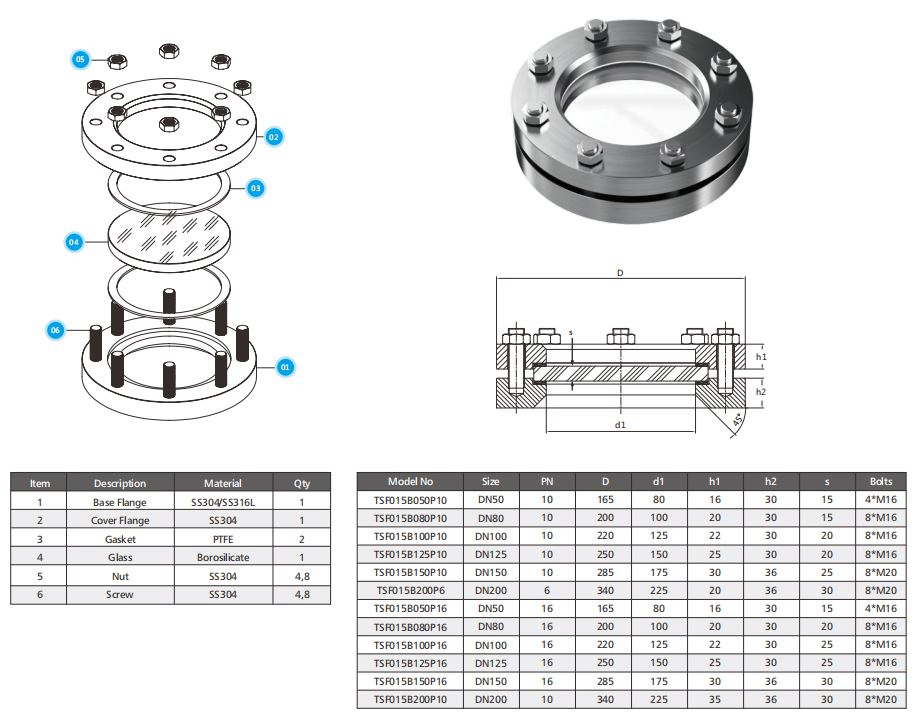 Qiimii Stainless Steel Hygienic Sanitary Flange Sight Glass with LED Light and Brush