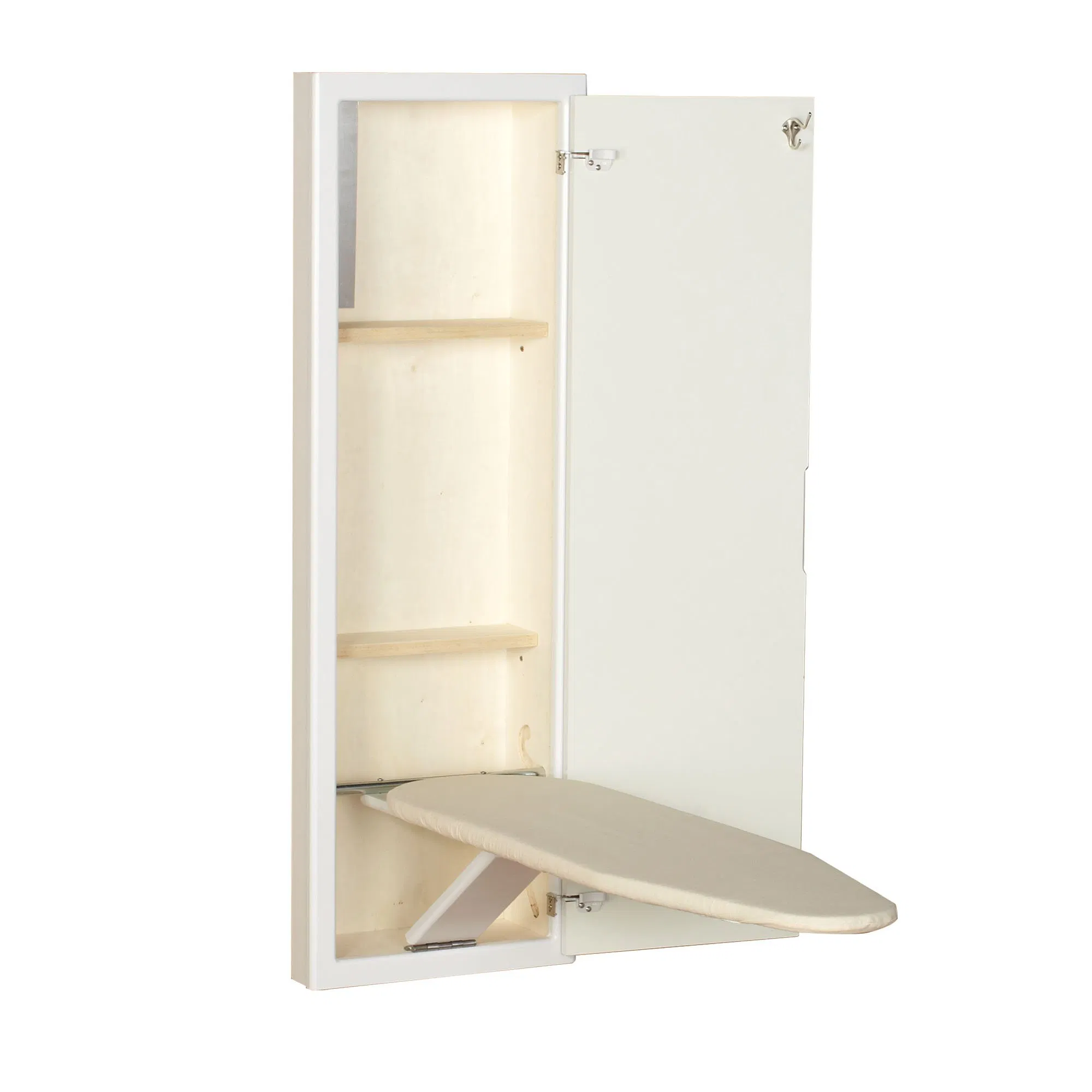 White Ironing Board Cabinet in-Wall Recessed Ironing Board Cabinet with Storage Shelves