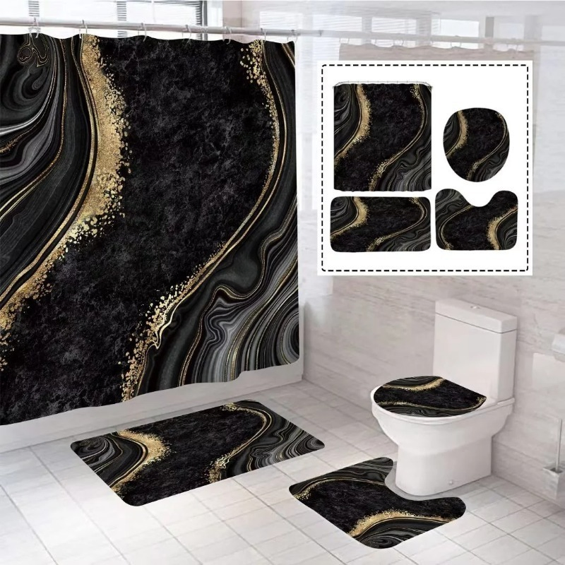Polyester 3D-Printed Waterproof Marble Pattern Shower Curtain Non-Slip Mat 4PCS Bathroom Accessories