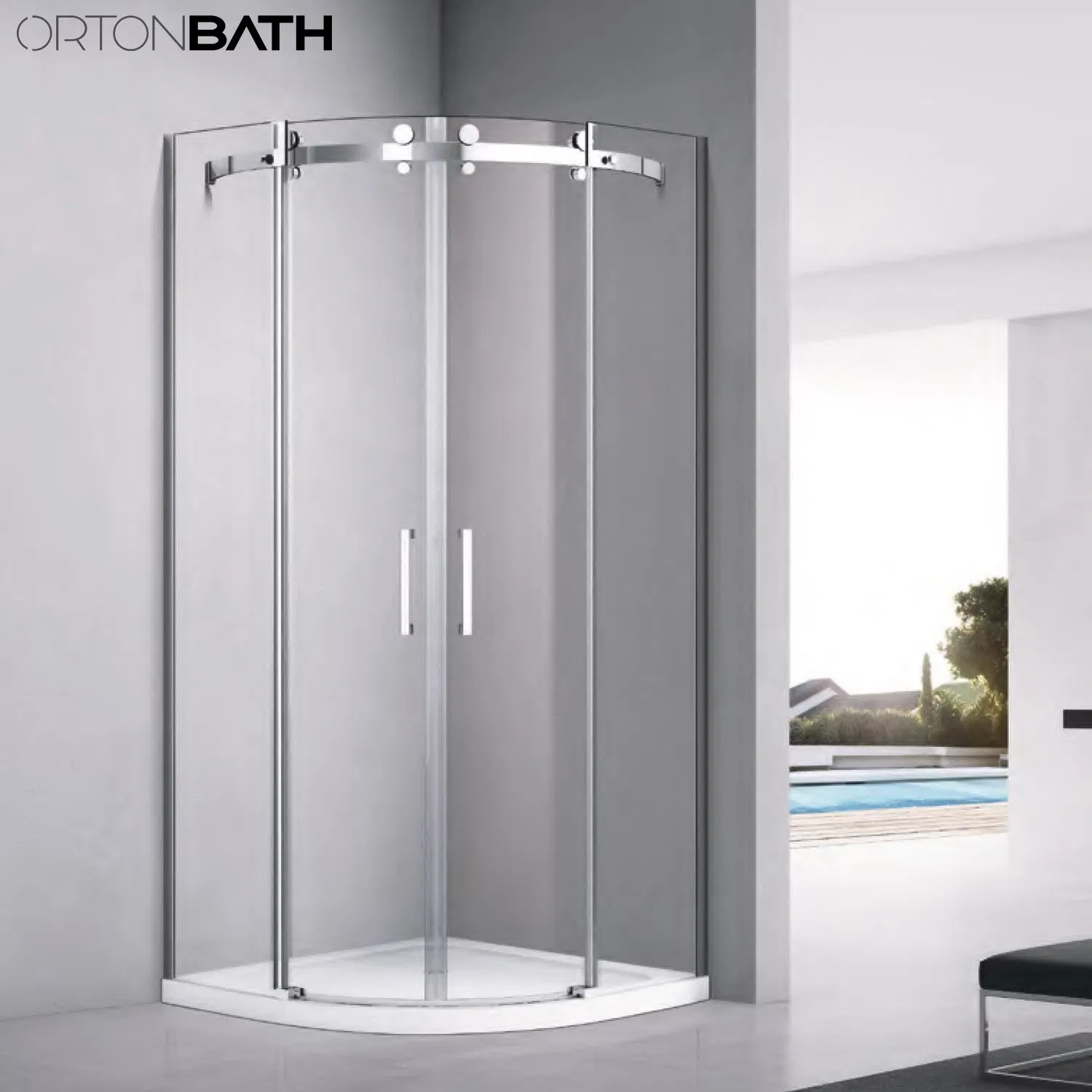 Ortonbath Two Door Arch Corner Quadrant Framed Sliding Door Simple Bathroom Tempered Shower Door Screen Room Cubicle Cabin Glass Shower Enclosure with Tray