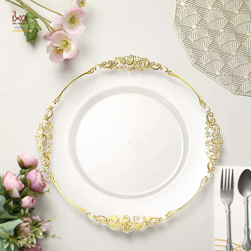 Antique Decorative Gold Embossed Baroque Rim Acrylic Round Luxury Vintage Table Acrylic Plastic Party Chargers Plates Wedding