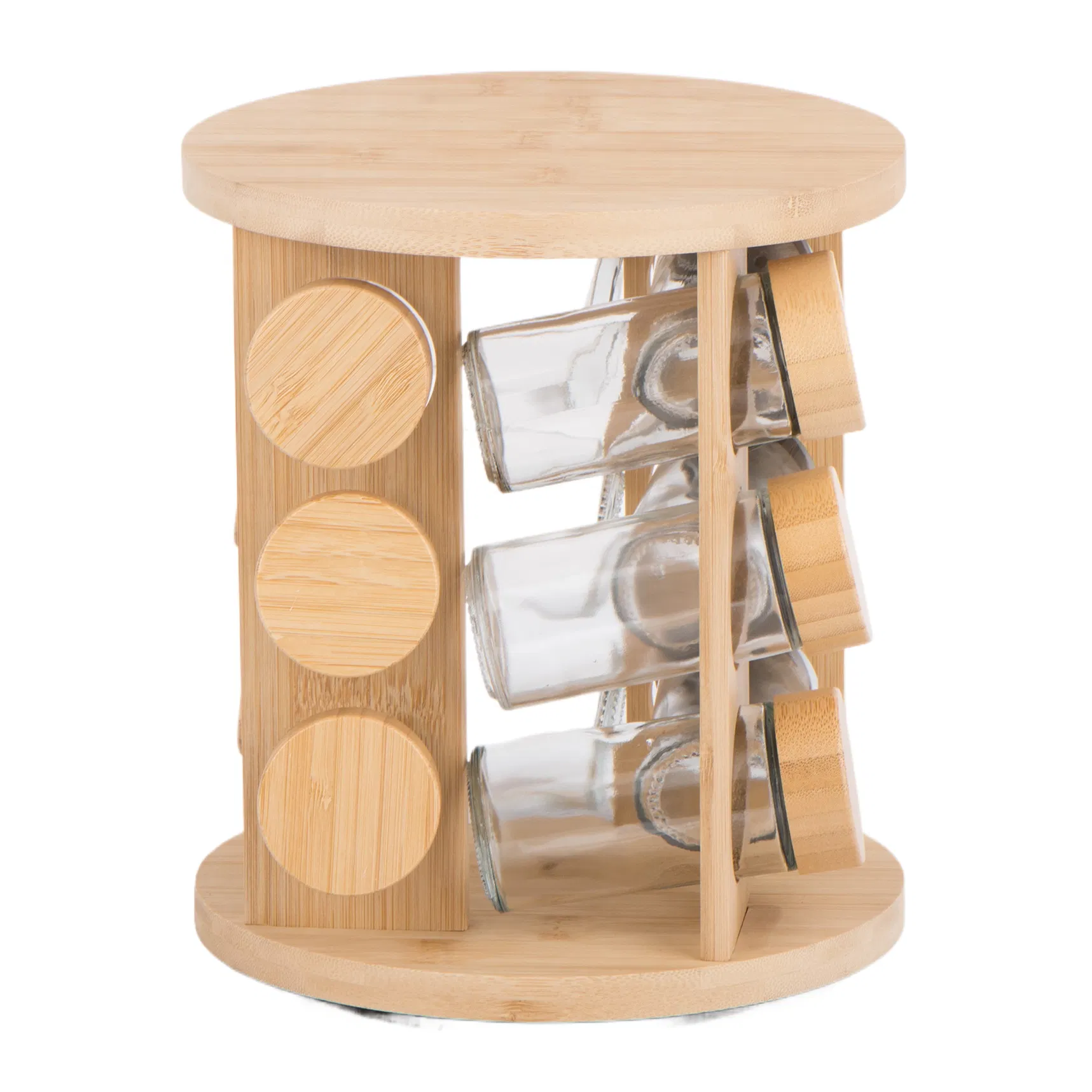 12PCS Round Glass Spice Jar Set Spice Shaker with Bamboo Lid and Round Rotating Bamboo Stand