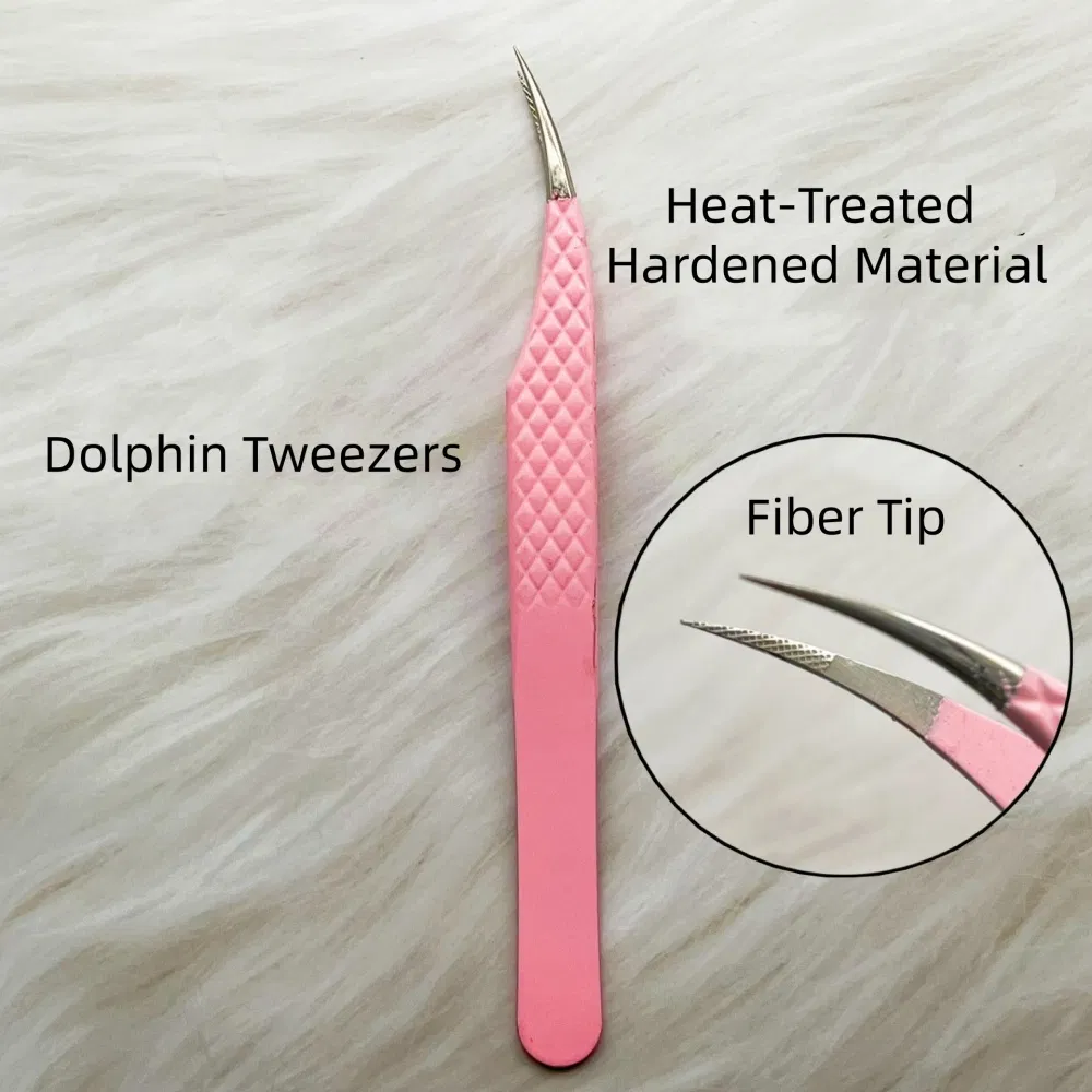 Professional Sharp Angled Curved Slanted Pink Fiber Tip Lash Eyelash Extension Tweezers