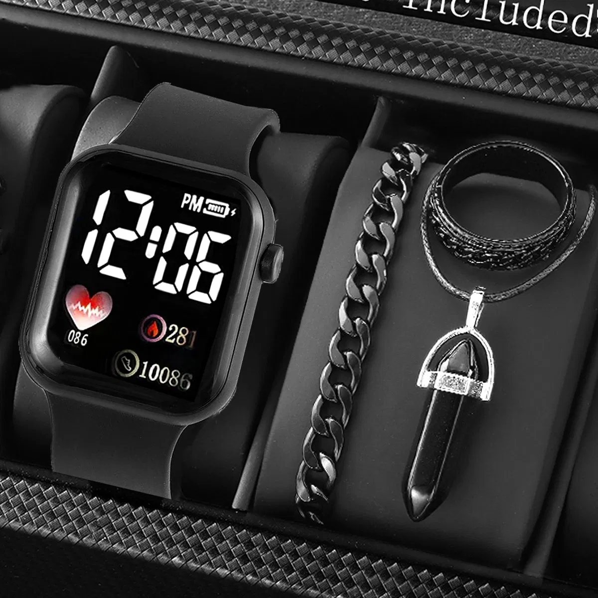 Black Watch Set Gift Boy Men Jewelry Set