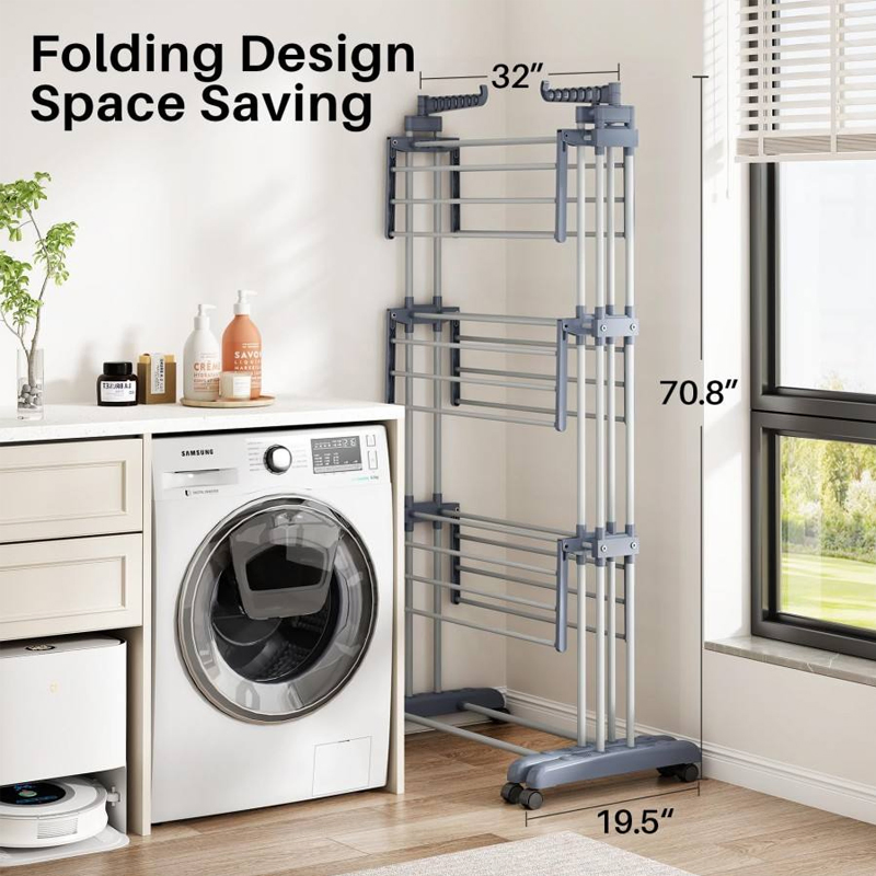 Sanipro High Quality 4-Tier Folding Clothing Hanger Indoor/Outdoor Multifunction Adjustable Clothes Drying Rack with Wheels