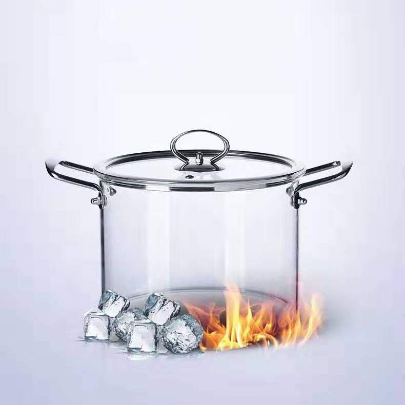 Hot Sale Borosilicate Glass Stove Safe Cooking Pot Big Size Large Transparent Clear Double-Ear Stockpot Stainless Steel Handle