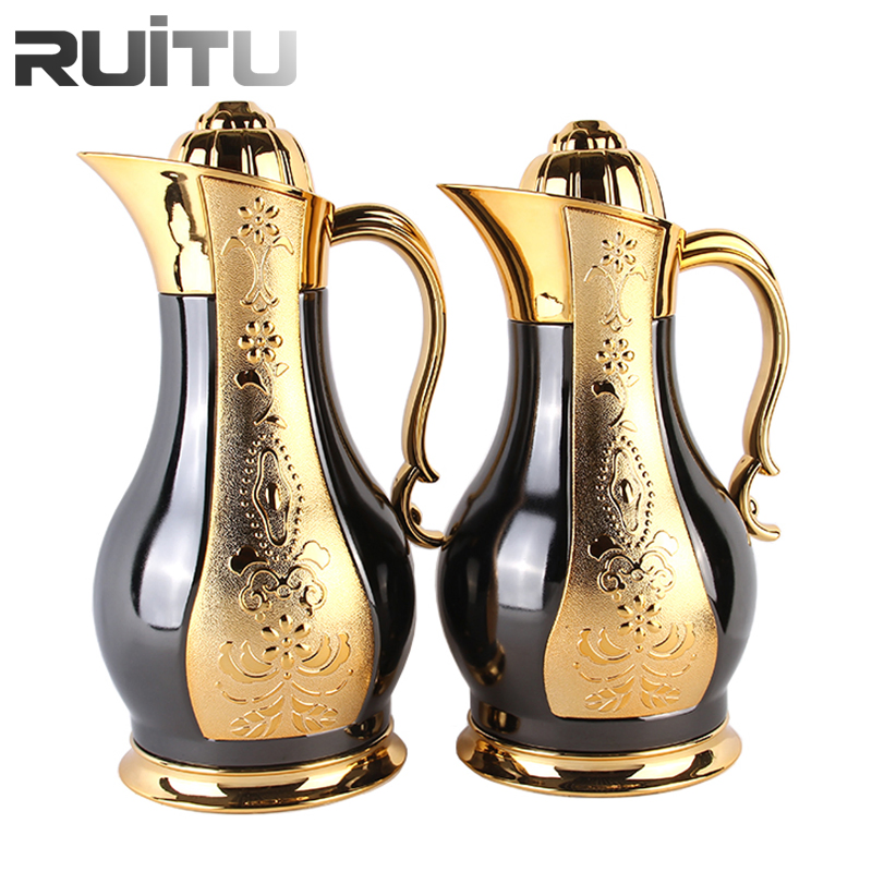 Dubai Luxury Gold Plated Insulated Vacuum Flask Thermos Glass Liner Inside Durable Drink Water Pots Cup Saucer Tea Sets Arabic Dallah Gift Set Arabic Coffee Pot