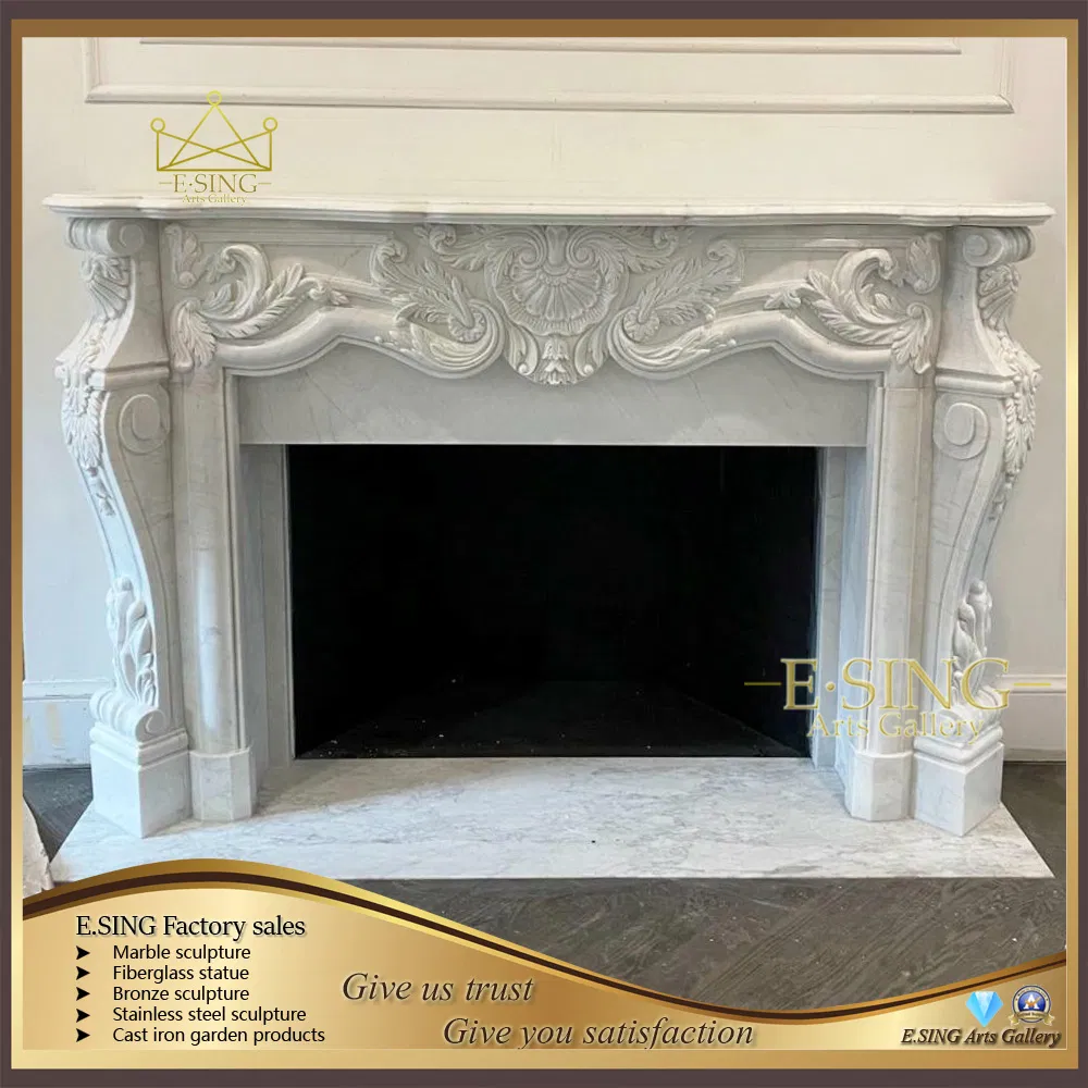 Decorative Hand Carved Fashion Indoor White Natural Stone Metal Marble Fireplace