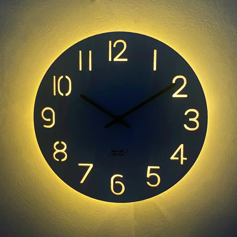 Nordic Modern Fashion Simple Wooden Wall Clock with Light Night Home Decoration Round MDF Wood Clocks Custom