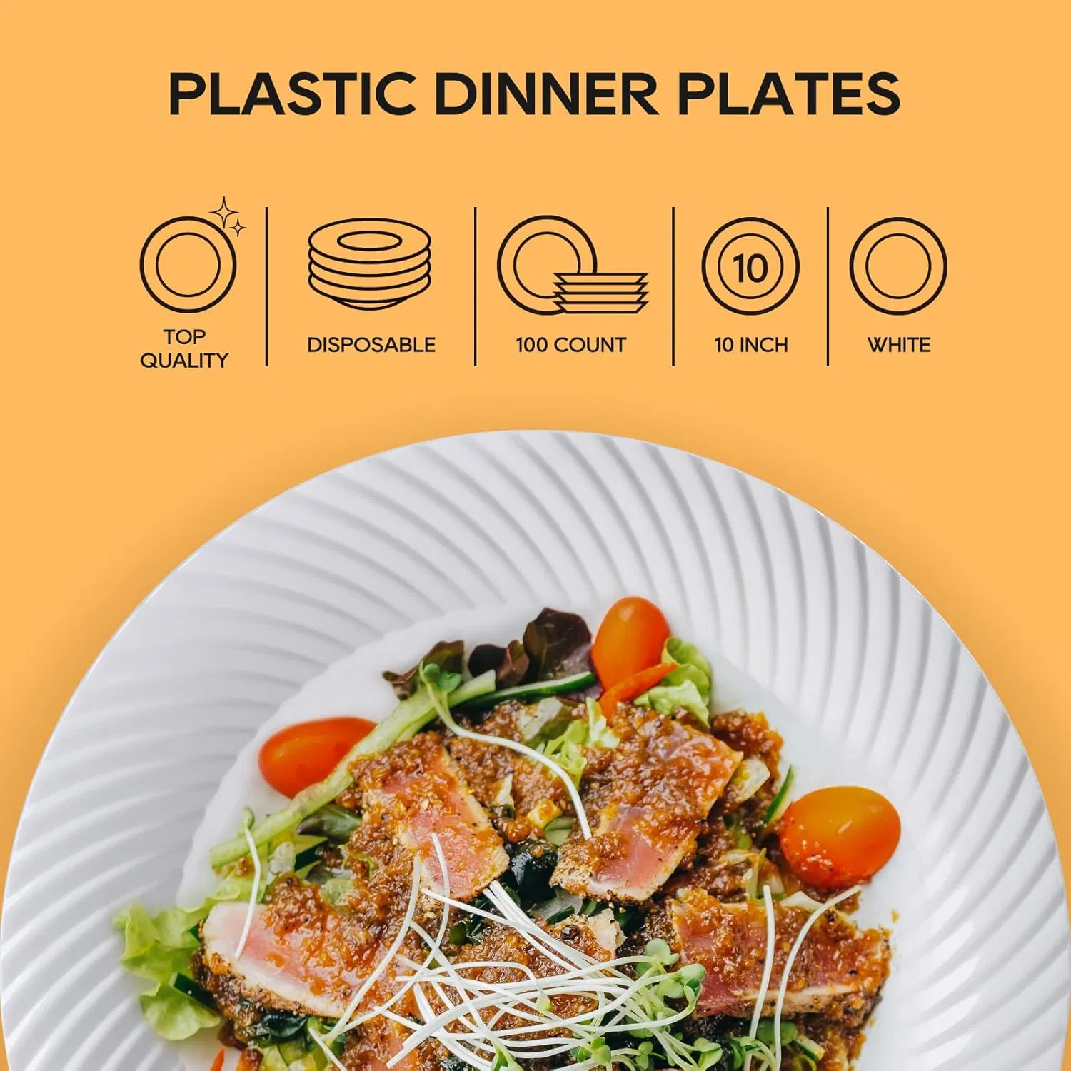 10 Inch White Plastic Plates with Threaded Rim Disposable Heavy Duty Dinner Plates, Premium Hard Plastic for Weddings, Parties and Events