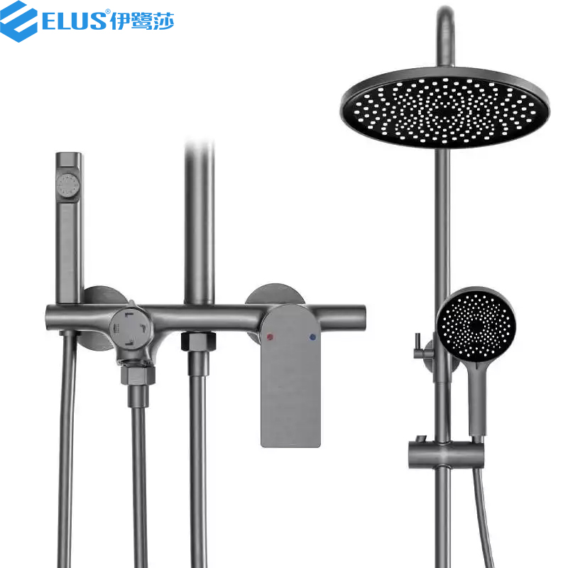Hotel Bathroom Luxury Gun Gray Copper Four Function Rain Shower Set Brass Bath Shower Mixer Set with Spray Gun