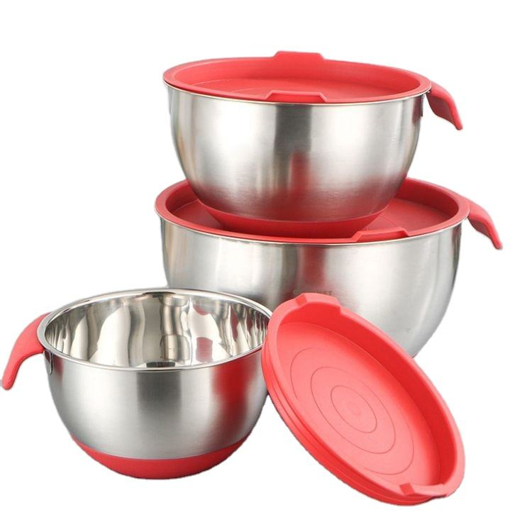 Luxury Kitchen Baking Non-Slip Mixing Bowl Food Container Stainless Steel Salad Mixing Bowls Set with Lids and Handle