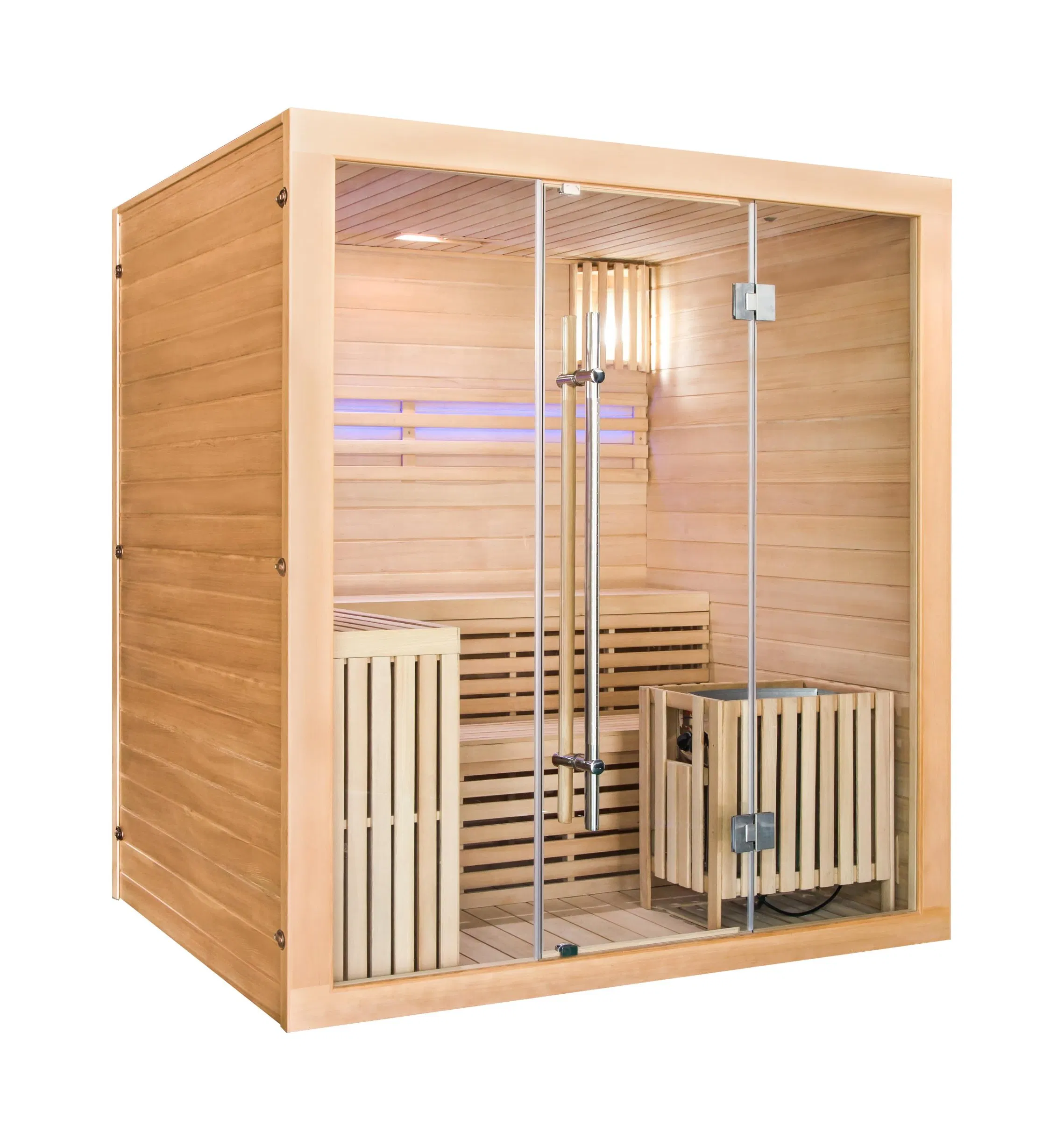 Финская сауна для дома с двухъярусной скамьей