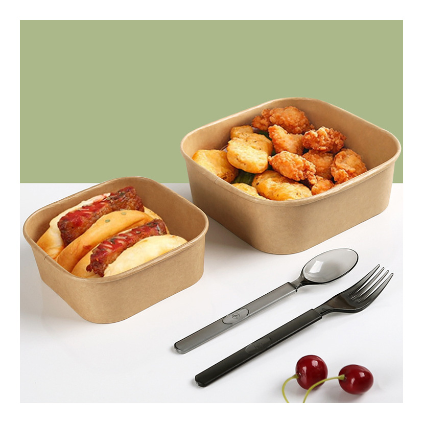 Disposable Logo Printed Food Grade Kraft Paper Salad Takeaway Container Heat Resistant Soup Sushi Fruit Bowls with Clear Lid