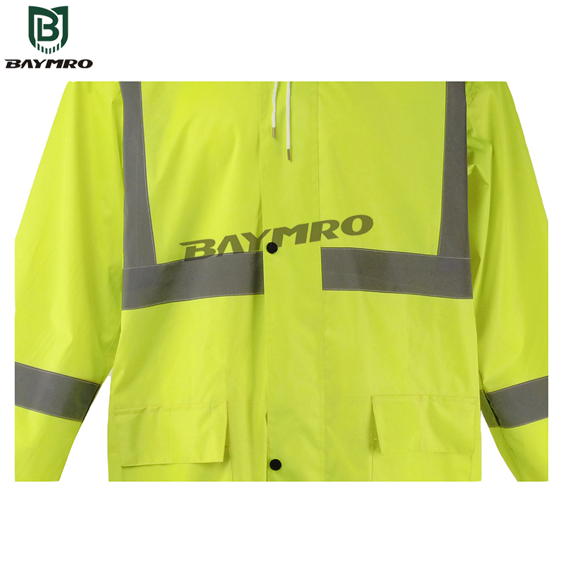 High Visibility Reflective Waterproof PVC Rain Wear Long Raincoat with Hood Reflective Mackintosh Coat