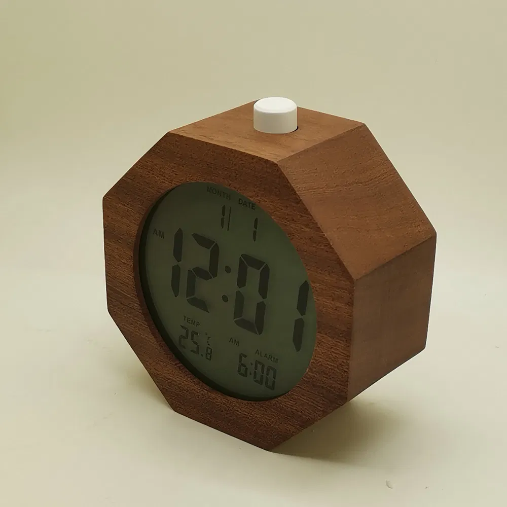 Octagon Shape Solid Wooden LCD Alarm Temperature Clock