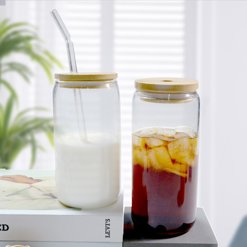 Drinking Glasses with Glass Straw 16oz Can Design Glass Cups Beer Glasses Iced Coffee Glasses Tumbler Cups