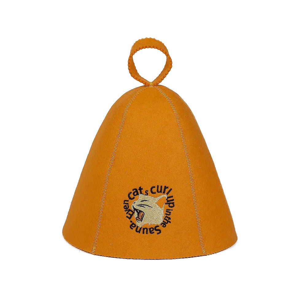 Banya Hat Custom Cat - Embroidered Natural Wool Felt Sauna Cap for Shower & Sauna Use