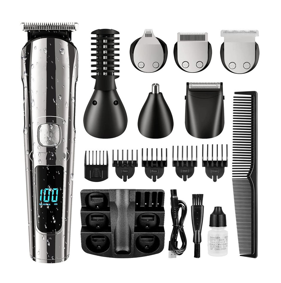 Waterproof Cordless Hair and Beard Trimmer Set with Rechargeable Battery