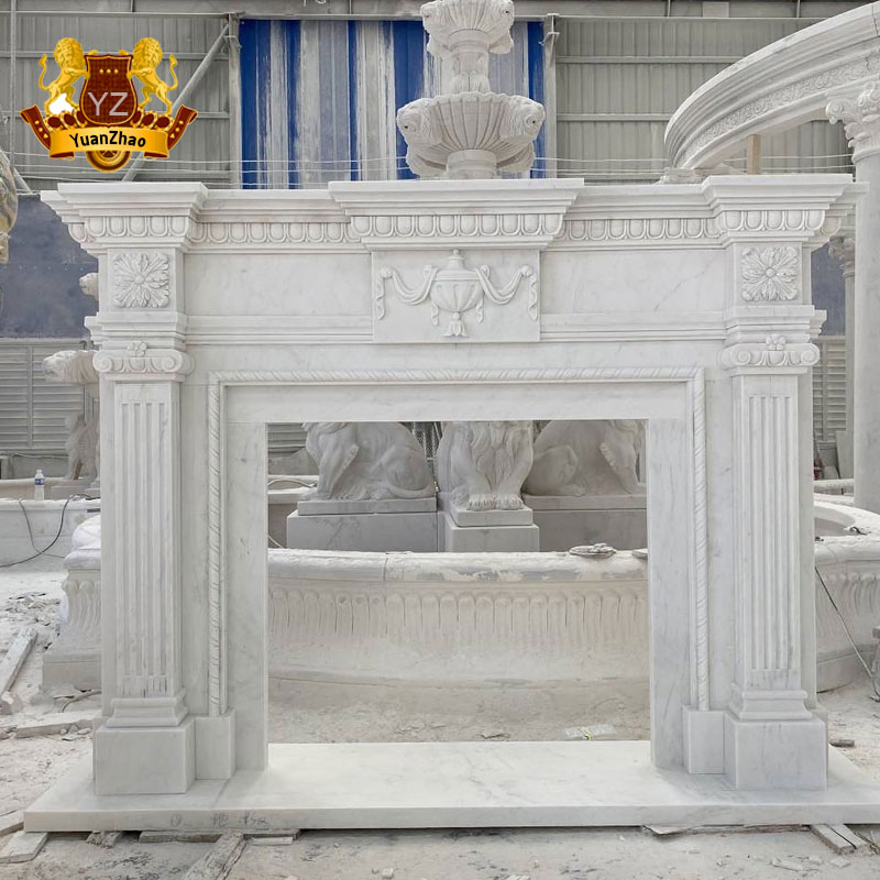 Hand Carving White Marble Fireplace Mantel with Marble Lion Statues Outdoor Fireplace Carving Sculpture