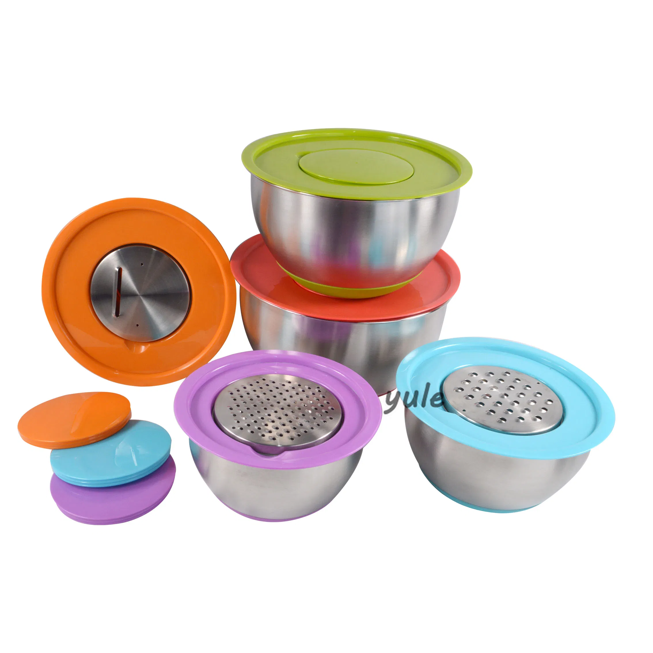 Good Quality Colorful Silicone Bottom Salad Bowl with Lid Stainless Steel Mixing Bowl