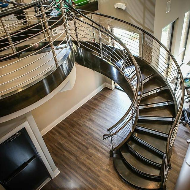 dB Popular Wood Step Curved Staircase with Steel Rod Railing