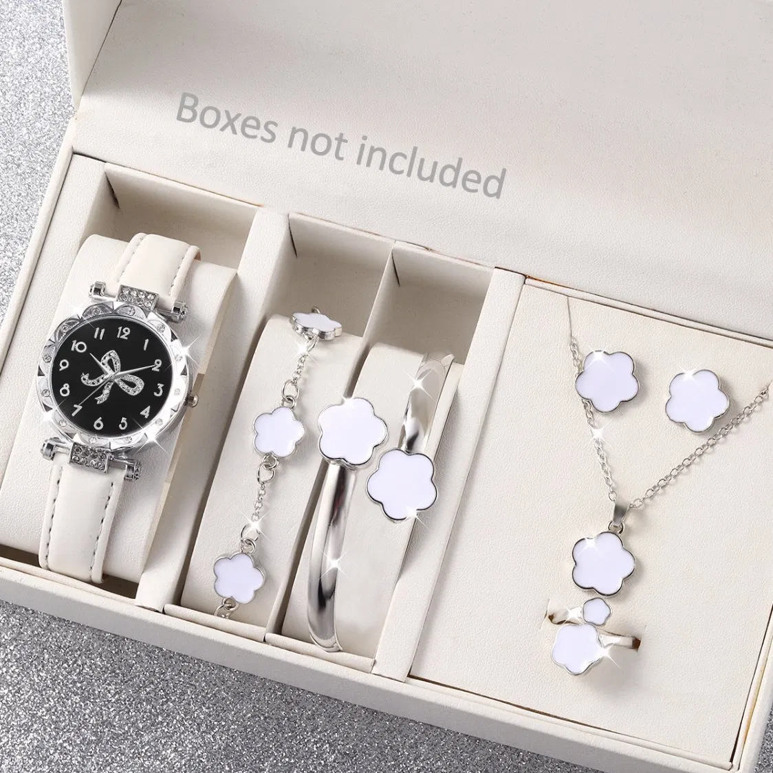 Elegant Floral Bracelet Jewelry Set and White Leather Women's Watch Set