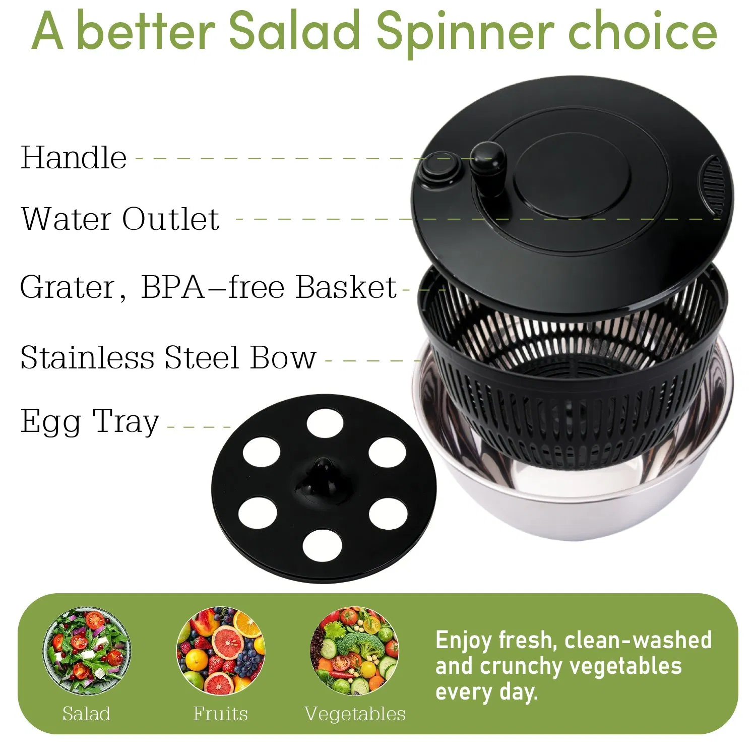 BPA Free Non Slip Stainless Steel 304 4L Multifunction Stainless Steel Salad Spinner with Grater Egg Tray for Home Kitchen Salad