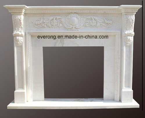 White/Beige Stone Fireplace, Electric Fireplace and Marble Fireplace Mantel
