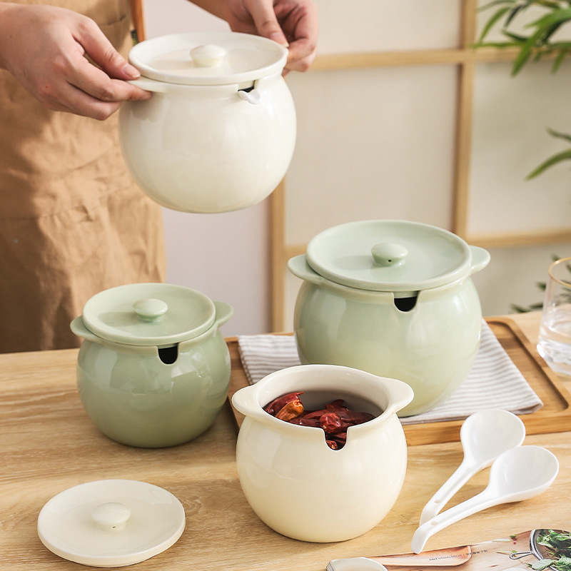 Ceramic Lard Jar High Temperature Resistant for Kitchen with Lid and Spoon