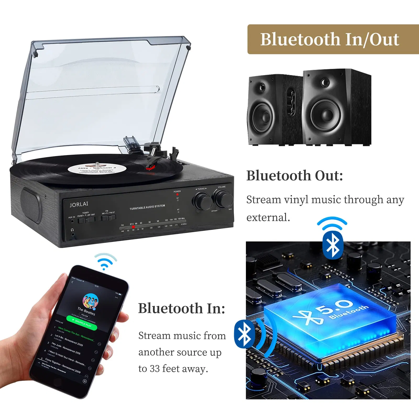 Винтажный проигрыватель винила с радио и Bluetooth