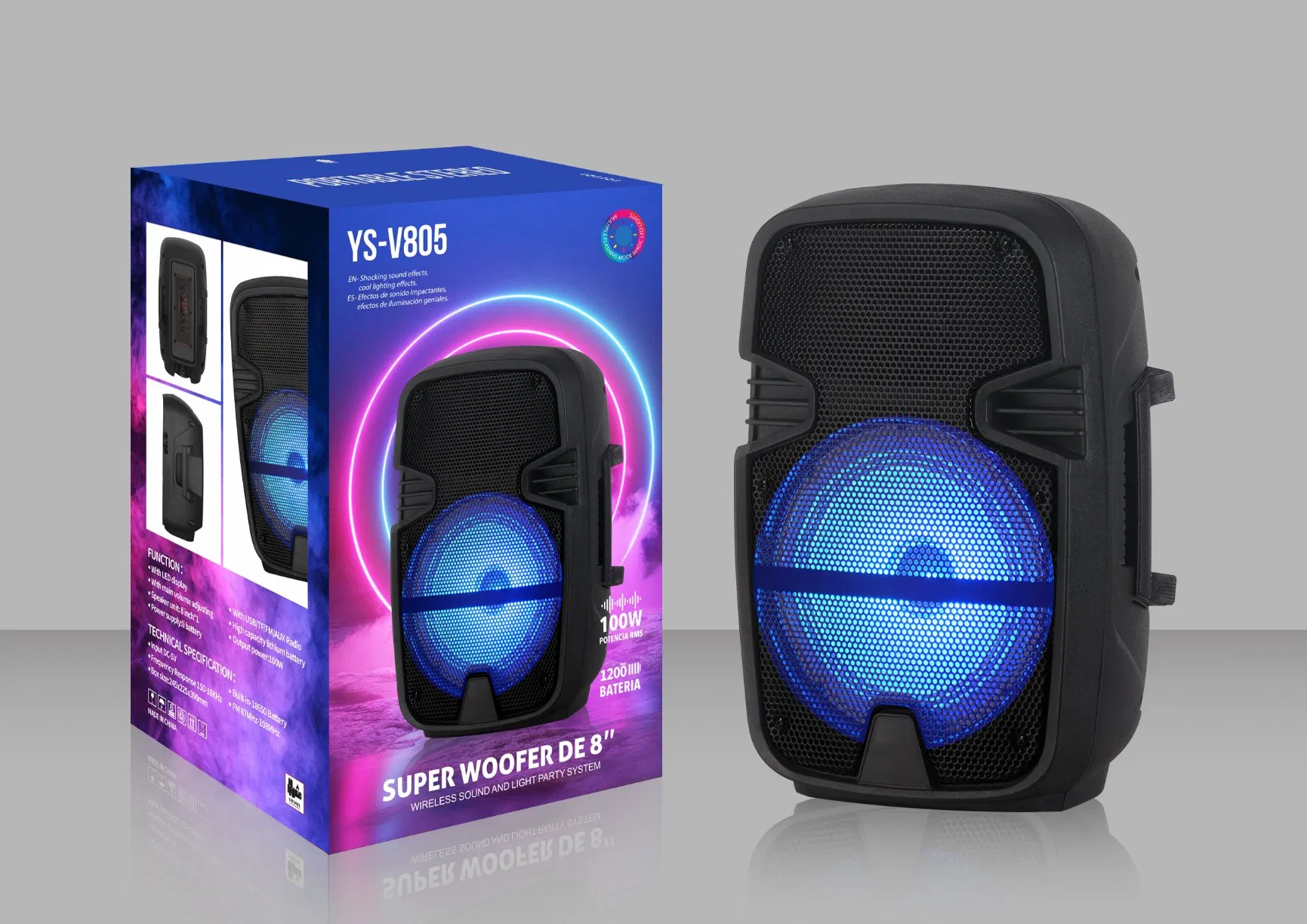 8 Inch Rechargeable Portable Bluetooth Active Speaker Trolley with Colorful LED Lights