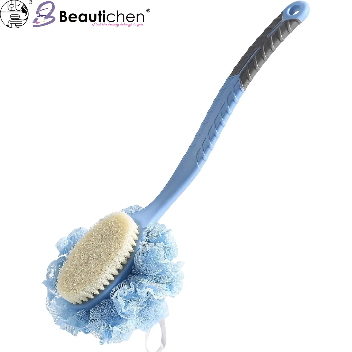 Beautichen Blue Long-Handle Bath Brush – Soft Nylon Bristles with Mesh Sponge for Deep Cleaning & Easy Reach