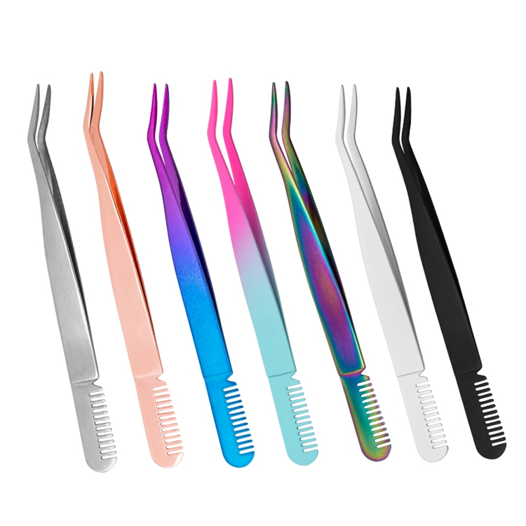 Colorful High Quality Eyelashes Nipper Eyebrow Tweezers with Comb Magnetic Eyelash Tweezers Private Label