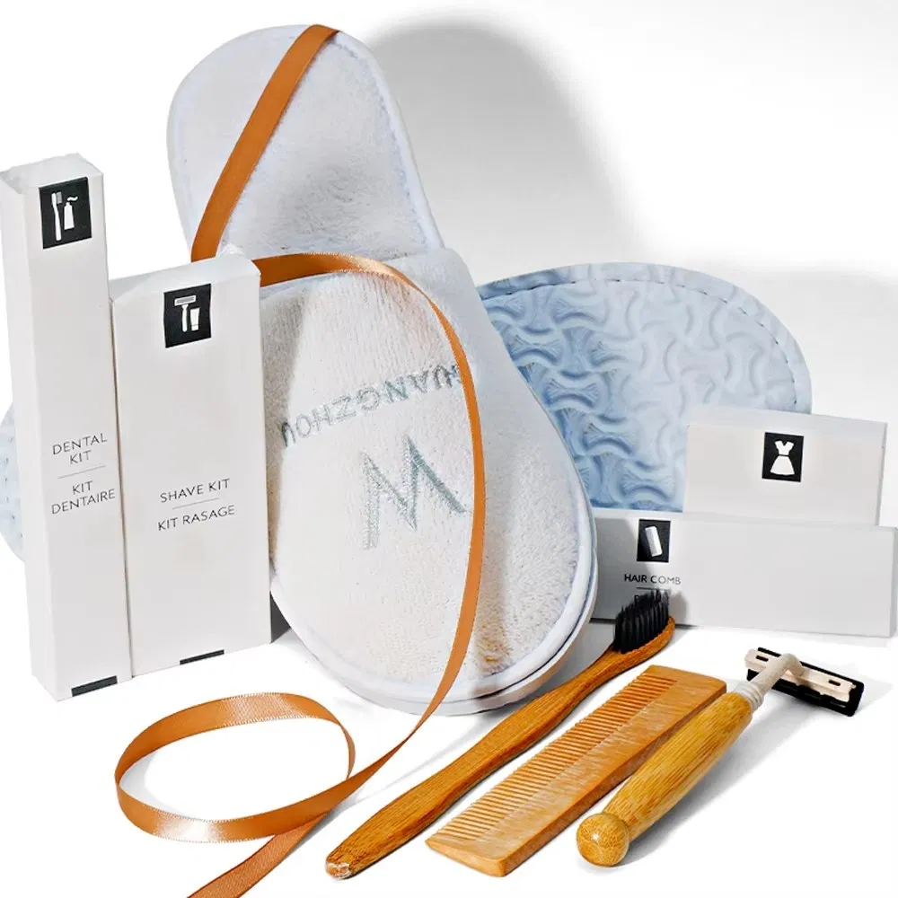 Premium Hotel Amenity Set Collection: Toothbrush, Shampoo, Soap, Slippers