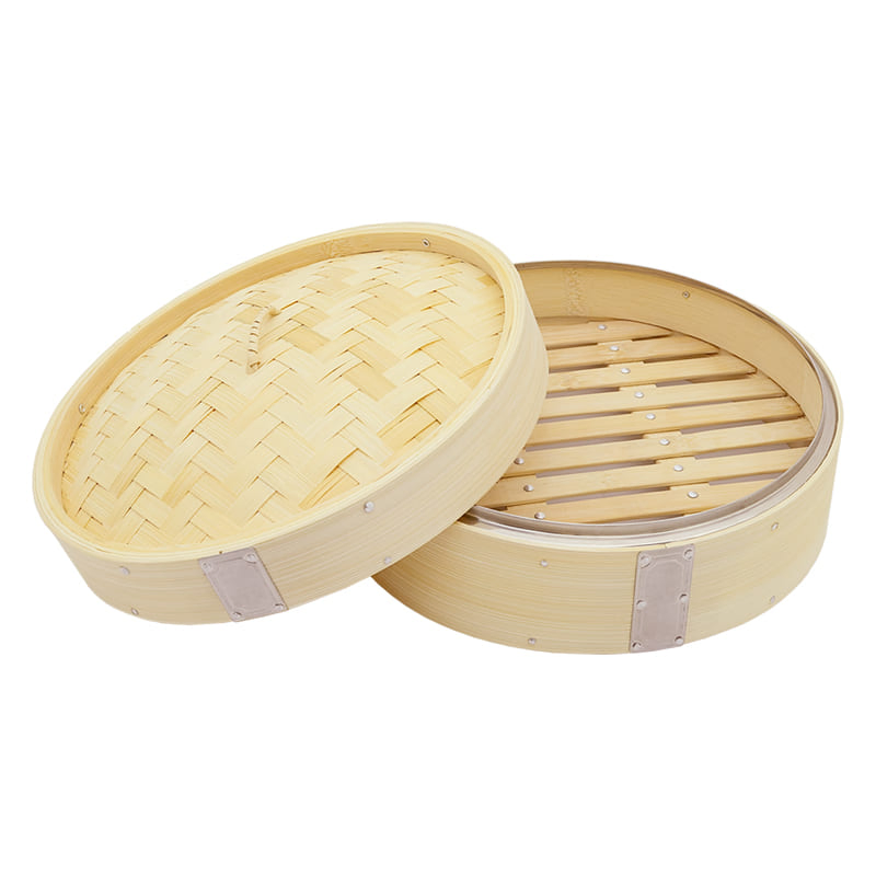 10-Inch Natural Bamboo Bun Steamer Food Steamer Bamboo Steamer with Metal Rim
