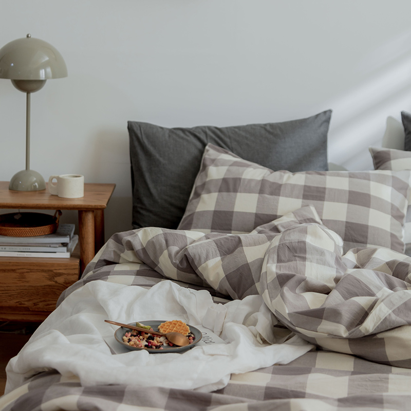 Washed Cotton Comforter Black Grey Striped Bedding Set