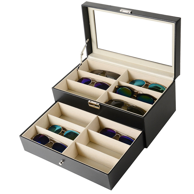 Leather 12slots Sunglass Box Multiple Eyeglasses Eyewear Display Case with Drawer